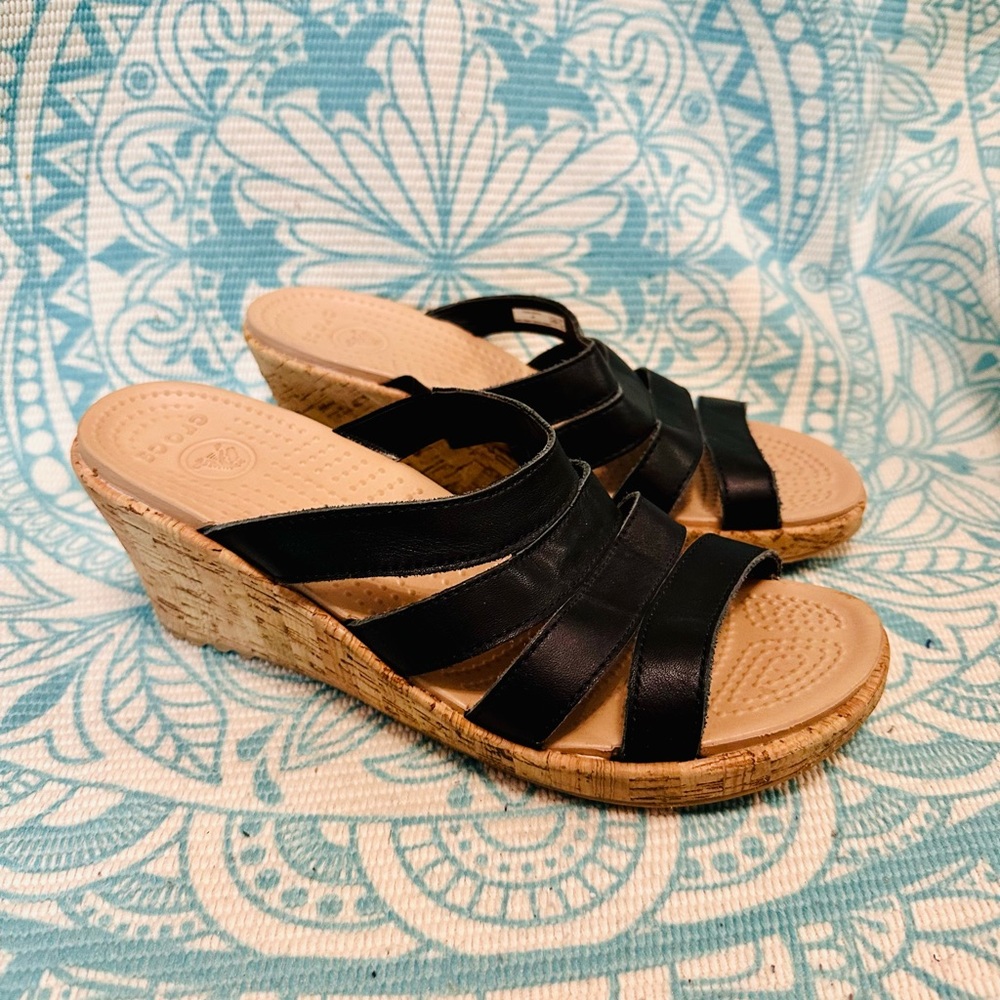 Crocs Black Wedge Sandals with Leather Straps